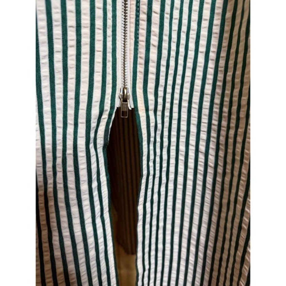 Entro Green White Striped Smocked Waist Puff Sleeve Zipper Front Midi Dress M - Picture 3 of 11